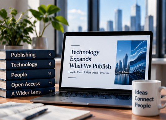 A technology publishing workspace with a laptop, books and a city view